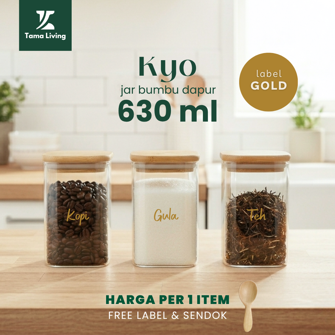 TAMA LIVING Kyo Jar Bumbu Dapur Gula Kopi Teh 630 ml Label Gold Tempat Bumbu Toples Bumbu Dapur Terasi,Jar Kotak