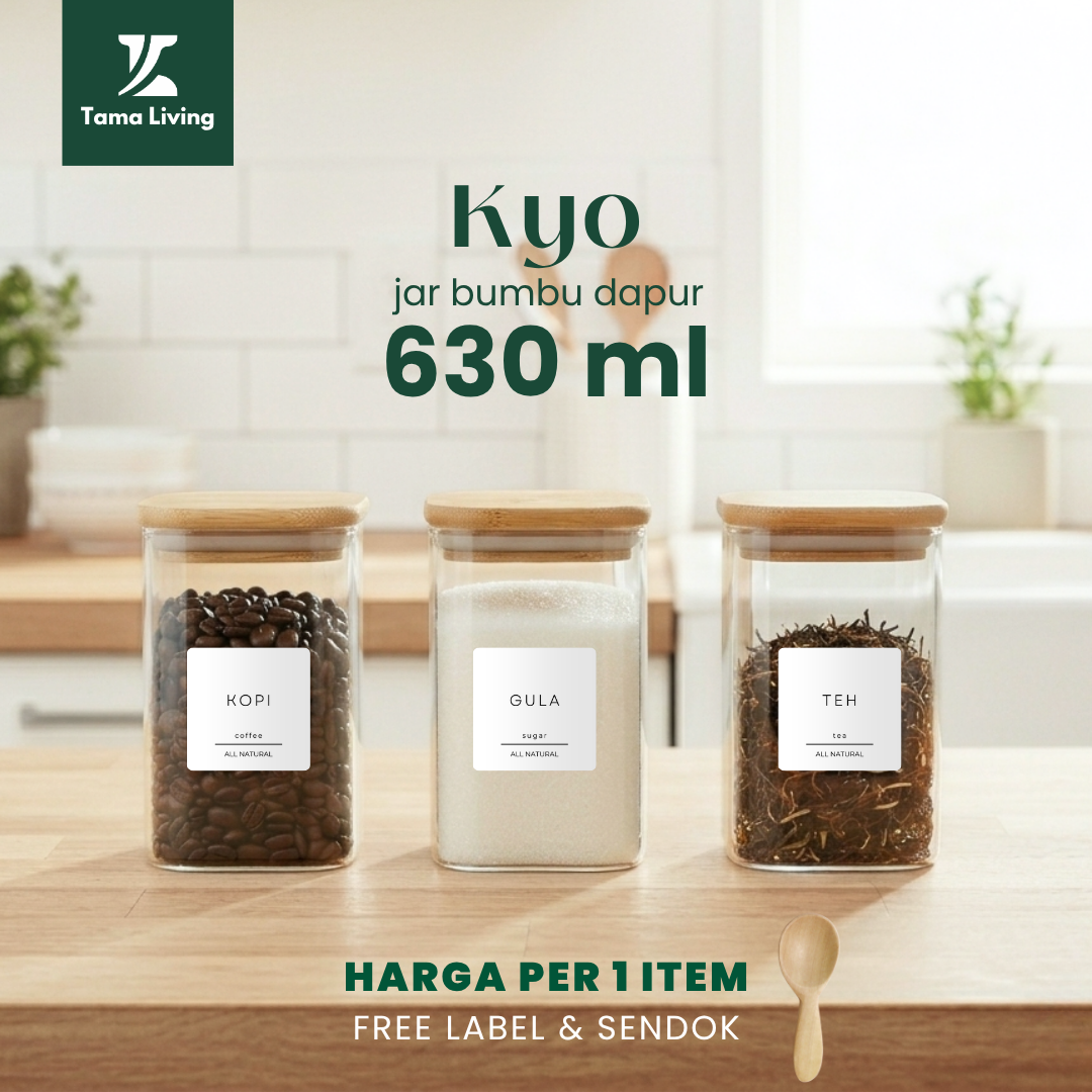 TAMA LIVING Kyo Jar Bumbu Dapur Gula Kopi Teh 630 ml Label Kotak Tempat Bumbu Toples Bumbu Dapur Abon Ayam,Jar Kotak