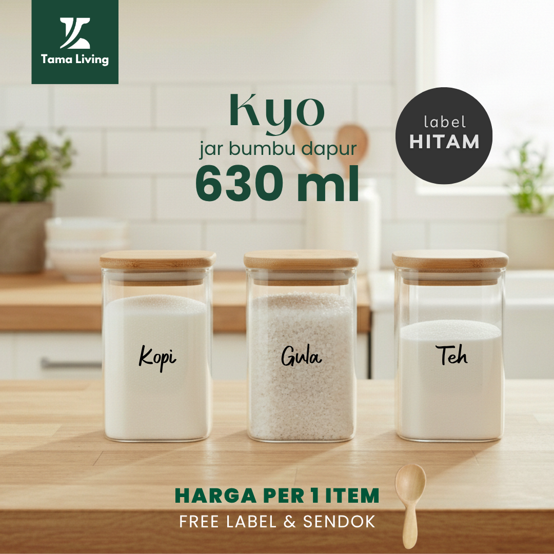 TAMA LIVING Kyo Jar Bumbu Dapur Gula Kopi Teh 630 ml Label Hitam Tempat Bumbu Toples Bumbu Dapur Abon Ayam,Jar Kotak