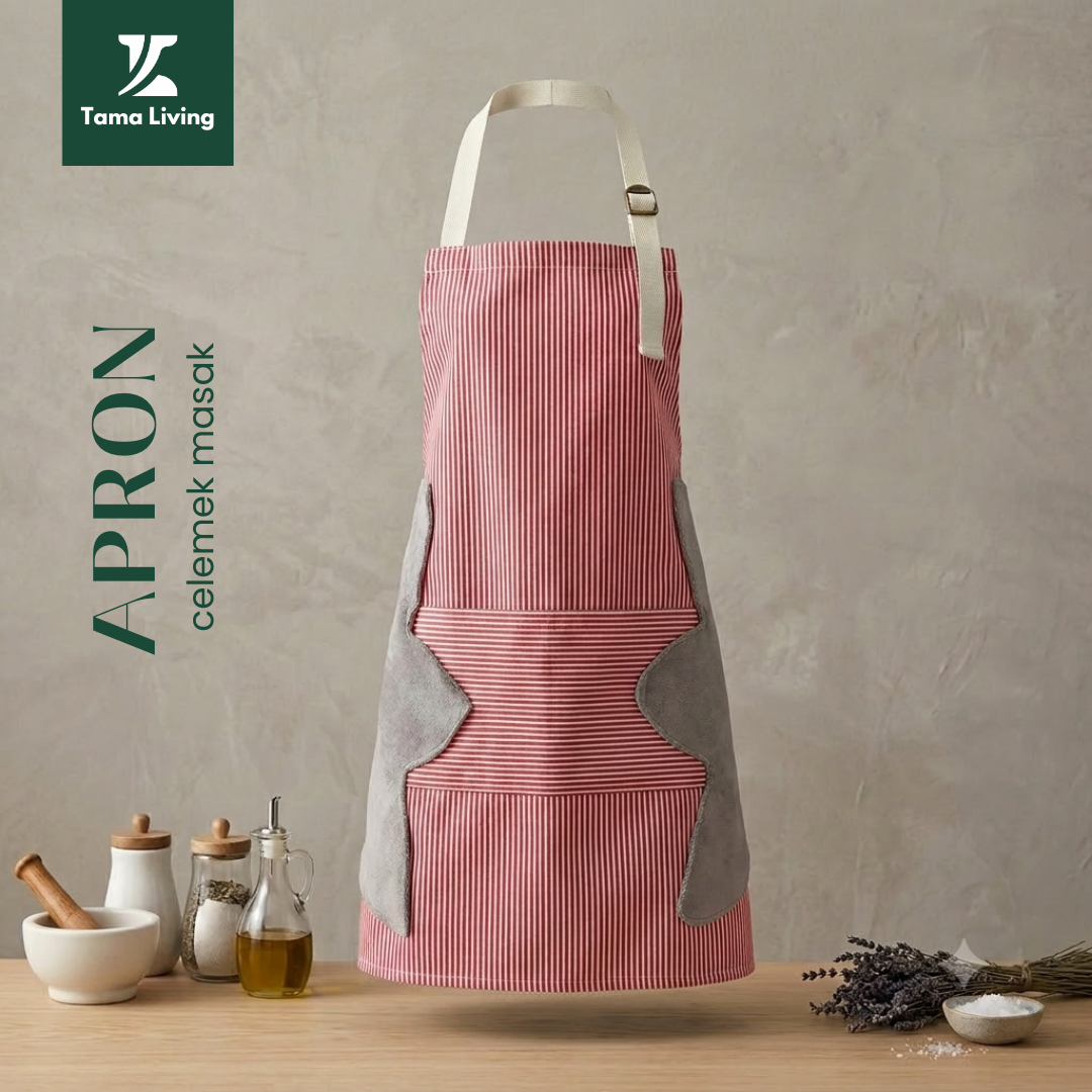 TAMA LIVING Celemek Masak Apron Dapur Bahan Tebal Anti Air Bisa Dicuci Dilengkai Kantong Merah