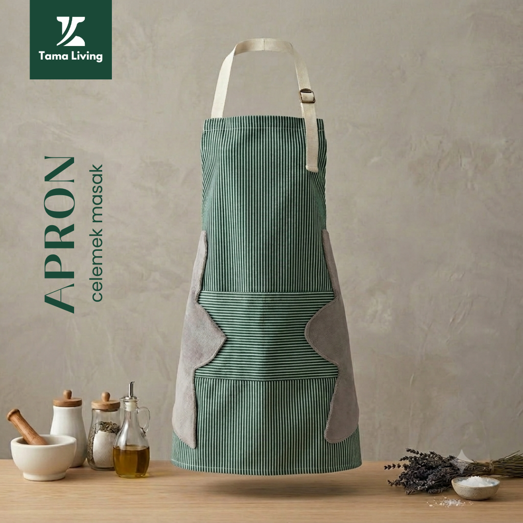 TAMA LIVING Celemek Masak Apron Dapur Bahan Tebal Anti Air Bisa Dicuci Dilengkai Kantong Hijau