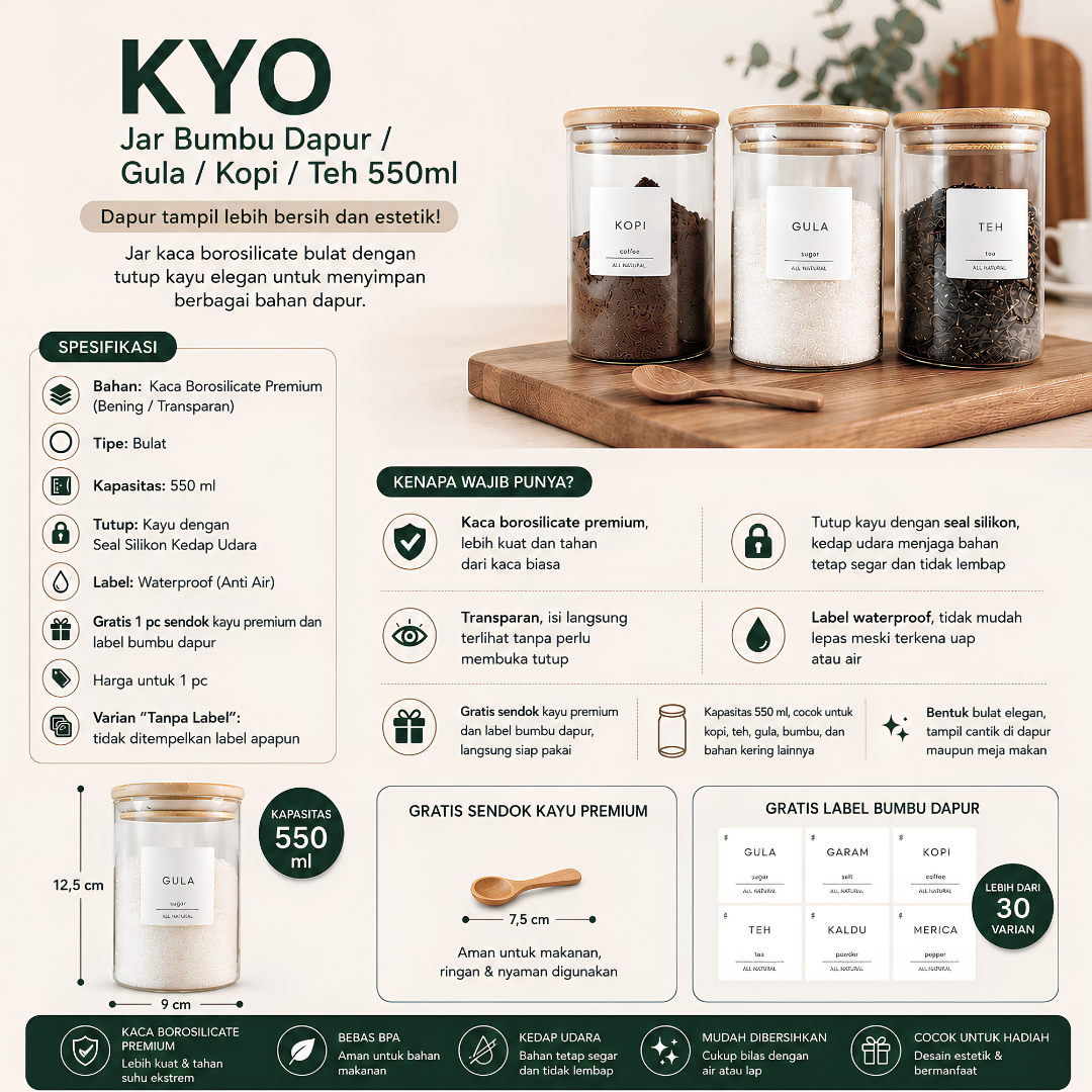 TAMA LIVING Kyo Jar Bumbu Dapur Gula Kopi Teh 550 ml Label Hitam Tempat Bumbu Toples Bumbu Dapur
