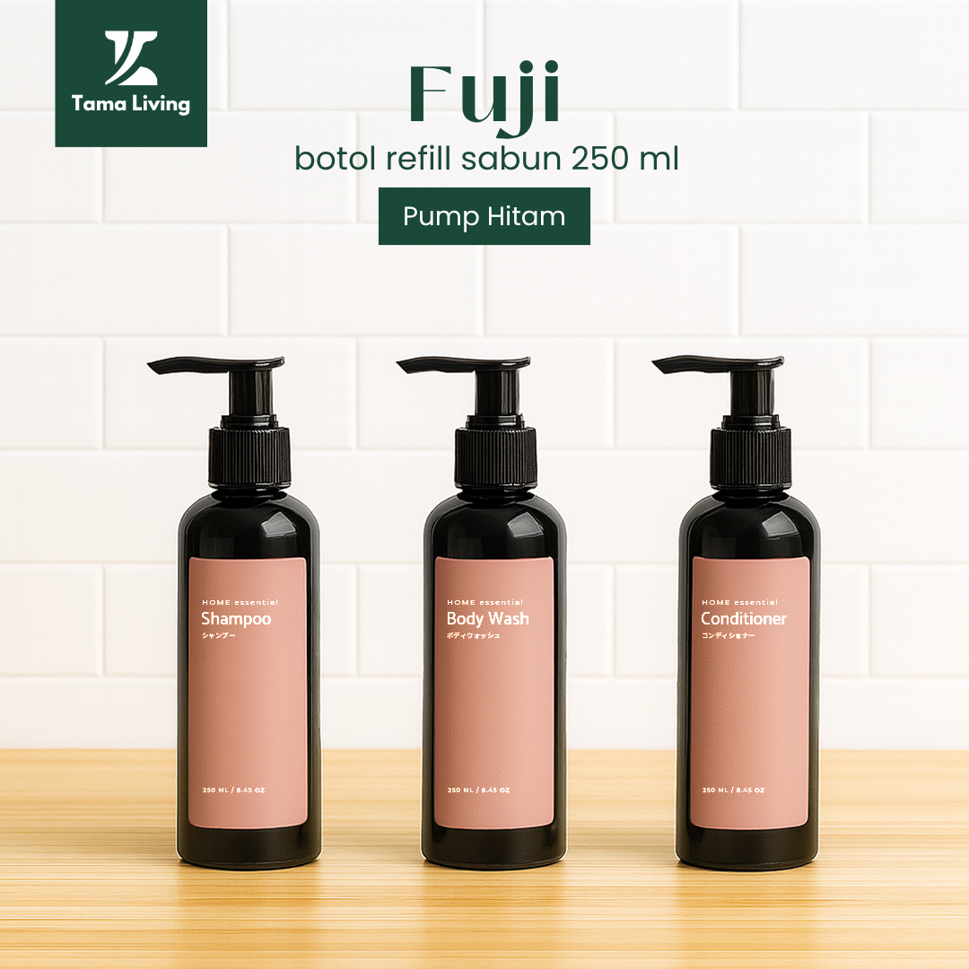 TAMA LIVING Fuji Hitam Botol Refill Sabun Shampoo Conditioner 250 ml Pump Hitam Label Pink