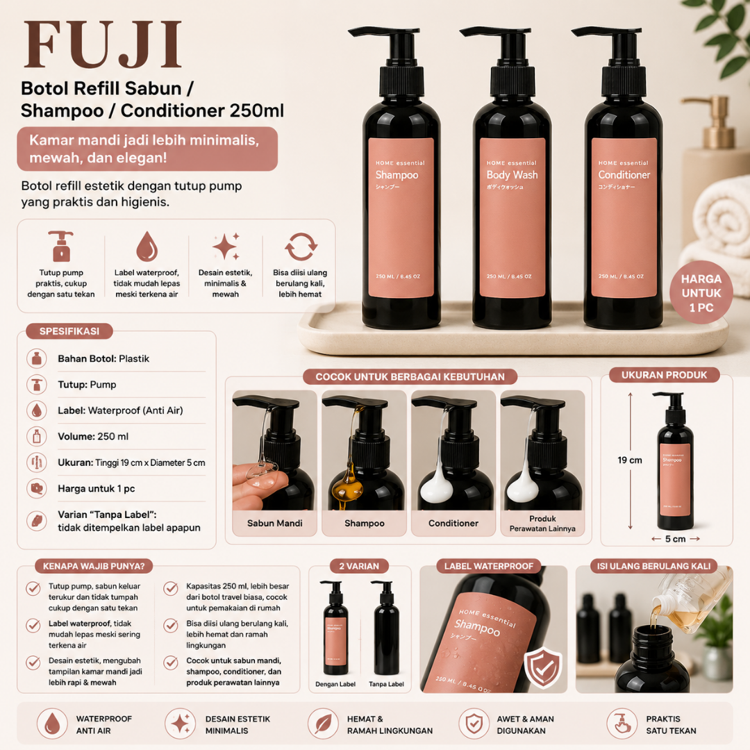 TAMA LIVING Fuji Hitam Botol Refill Sabun Shampoo Conditioner 250 ml Pump Hitam Label Pink