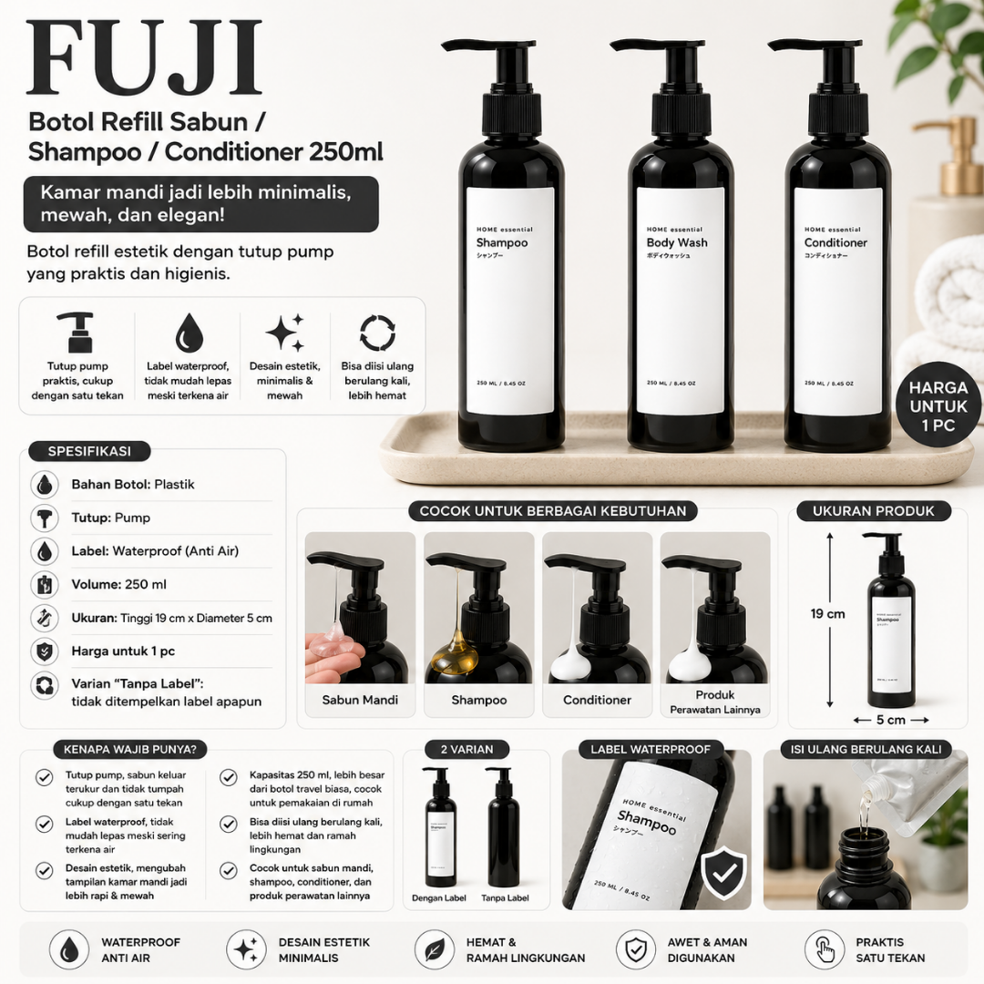 TAMA LIVING Fuji Hitam Botol Refill Sabun Shampoo Conditioner 250 ml Pump Hitam Label Putih