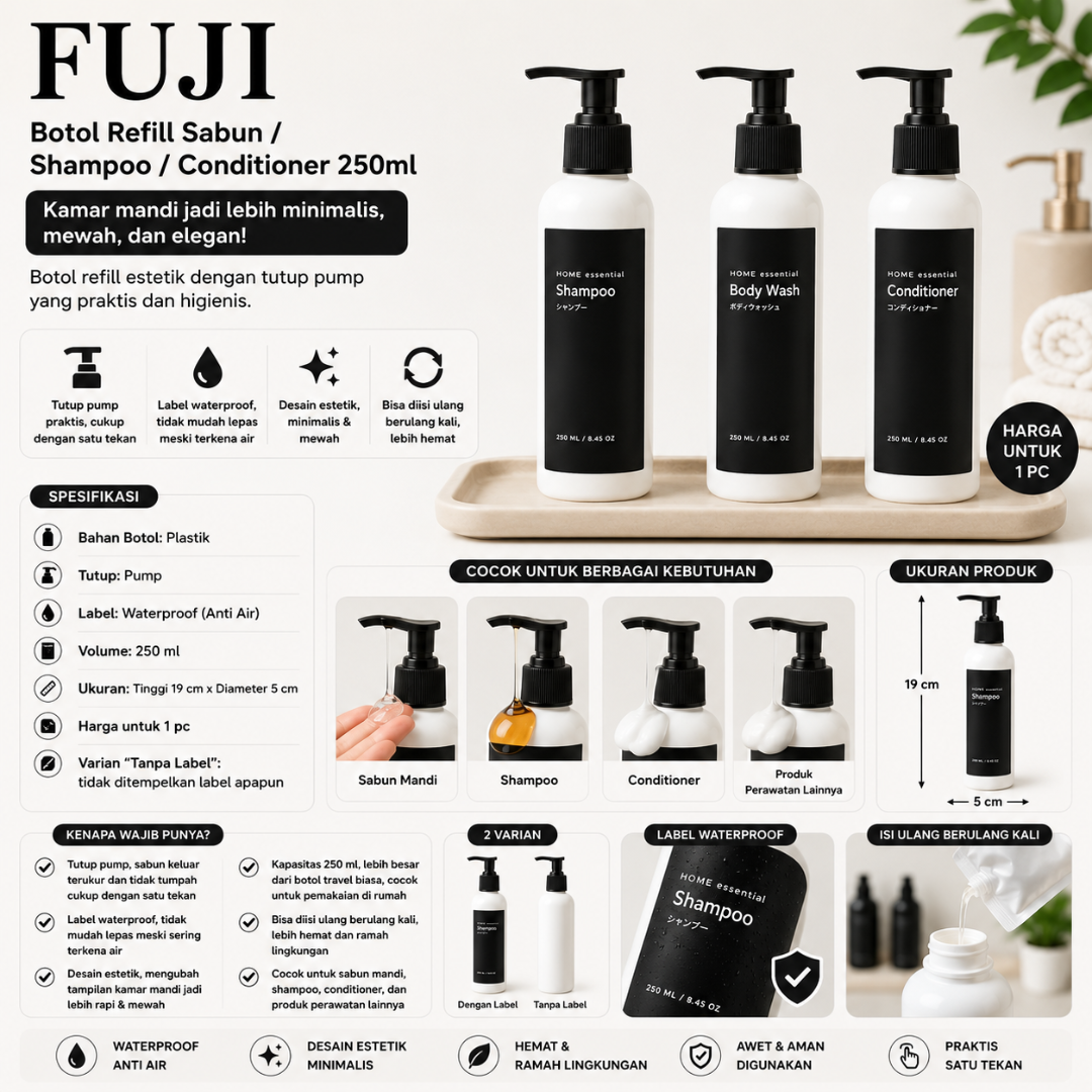 TAMA LIVING Fuji Putih Botol Refill Sabun Shampoo Conditioner 250 ml Pump Hitam Label Hitam