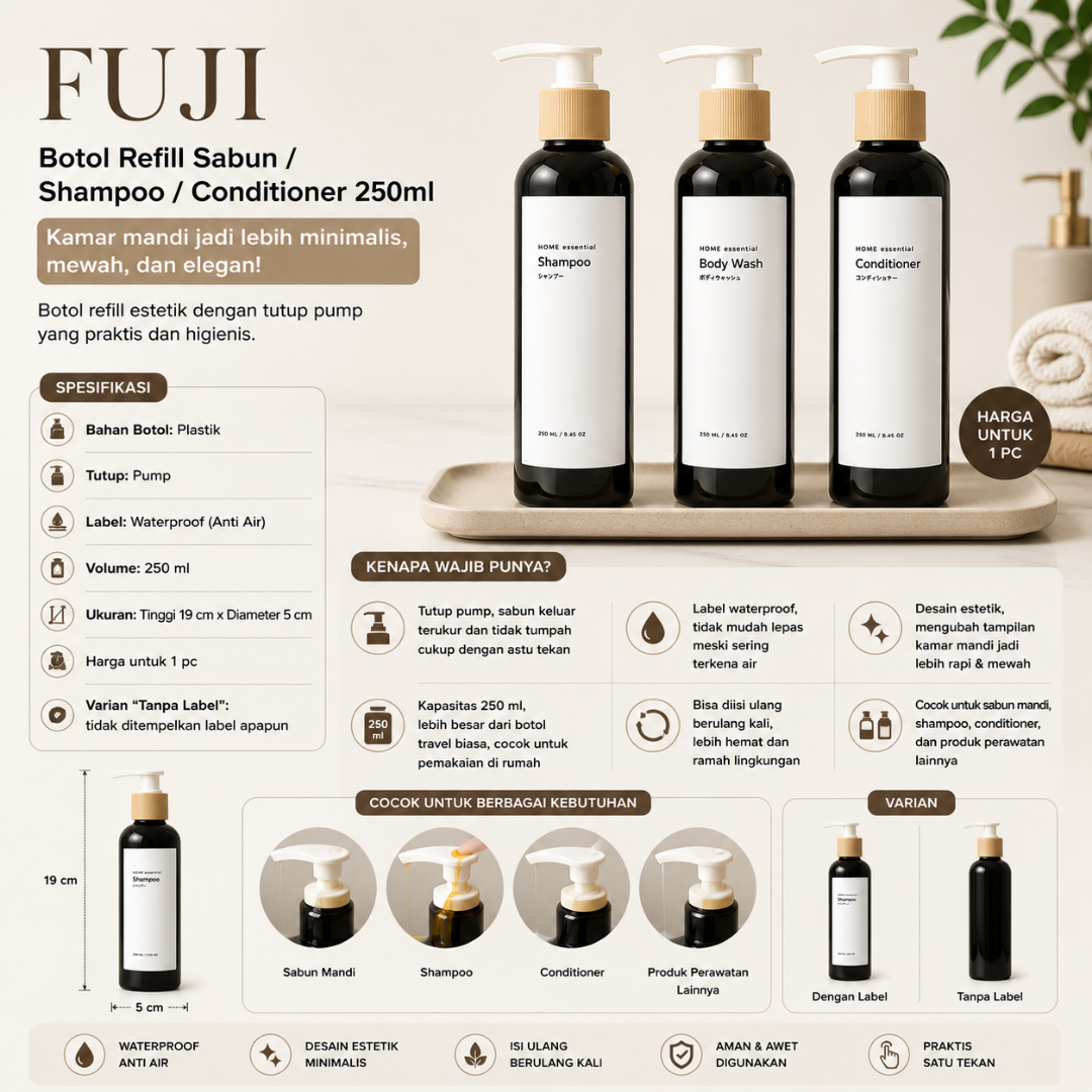 TAMA LIVING Fuji Hitam Botol Refill Sabun Shampoo Conditioner 250 ml Pump Kayu Label Putih