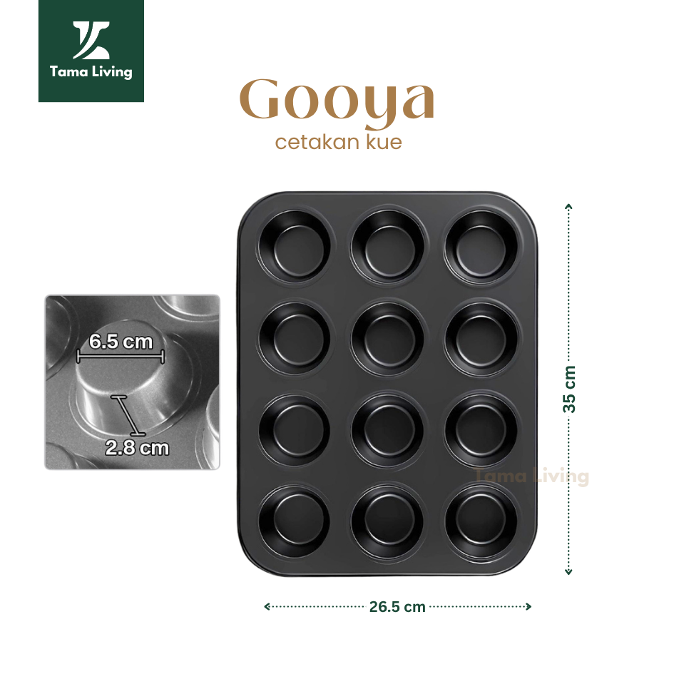 TAMA LIVING Gooya Loyang Muffin 12 Cup Cetakan Kue Anti Lengket Carbon Steel BPA Free Cupcake Tray 12 Lubang