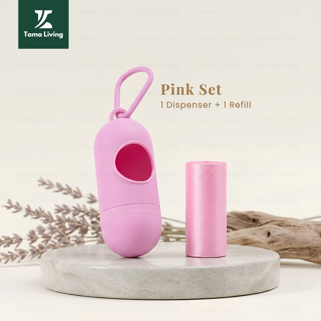 TAMA LIVING Dispenser Kantong Roll Sampah Mini Plastik Sampah Kantong Sampah Travel Roll Poop Bag Pink set