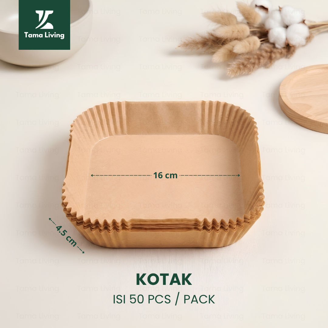 TAMA LIVING Kertas Alas Air Fryer 50 pcs Baking Paper Tebal Anti Lengket Tahan Minyak Packing Mika 50 Pcs Kotak Coklat