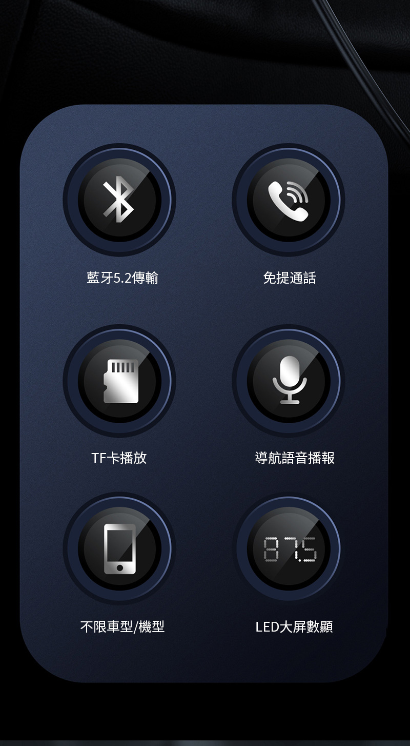 藍牙5.2傳輸免提通話TF卡播放導航語音播報875不限車型/機型LED大屏數顯