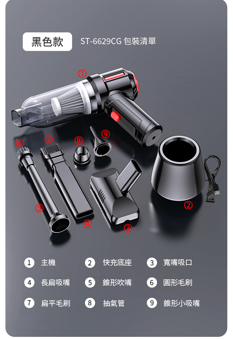 黑色款 ST-6629CG 包裝清單1 主機2 快充底座3 寬嘴吸口4長扁吸嘴5錐形吹嘴6圓形毛刷7 扁平毛刷8抽氣管9錐形小吸嘴