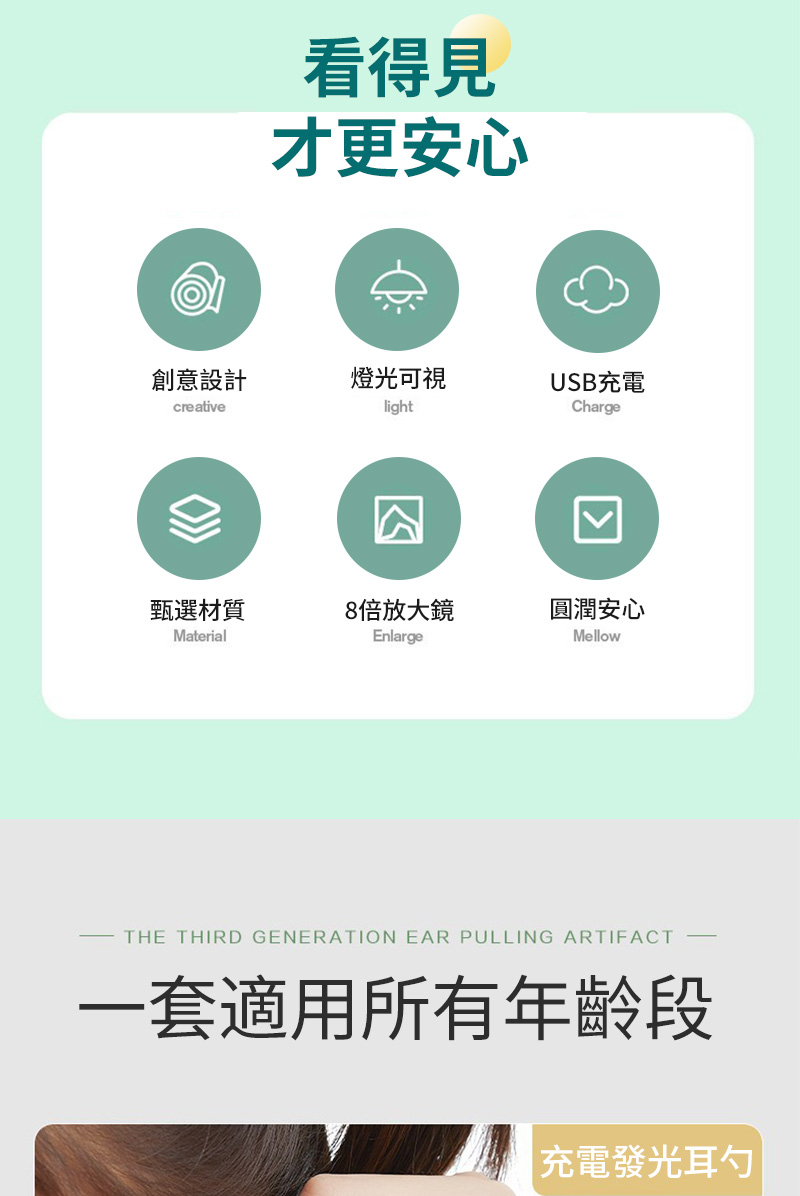 看得見才更安心創意設計燈光可視USB充電creativelightCharge甄選材質8倍放大鏡圓潤安心MaterialEnlargeMellowTHE THIRD GENERATION EAR PULLING ARTIFACT一套適用所有年齡段充電發光耳勺