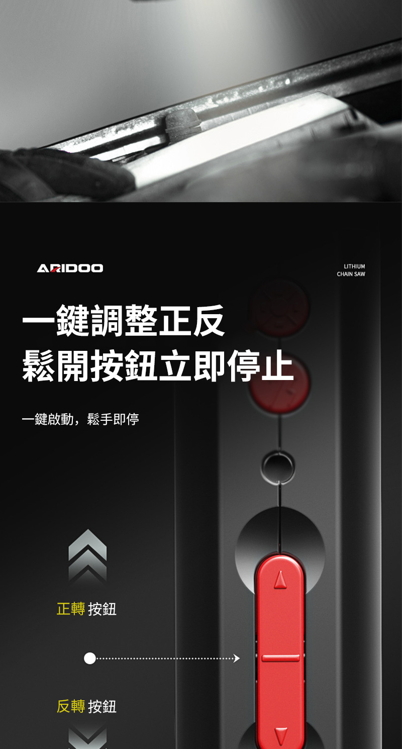 ARIDOO一鍵調整正反鬆開按鈕立即停止一鍵啟動,鬆手即停正轉 按鈕反轉 按鈕LITHIUMCHAIN SAW