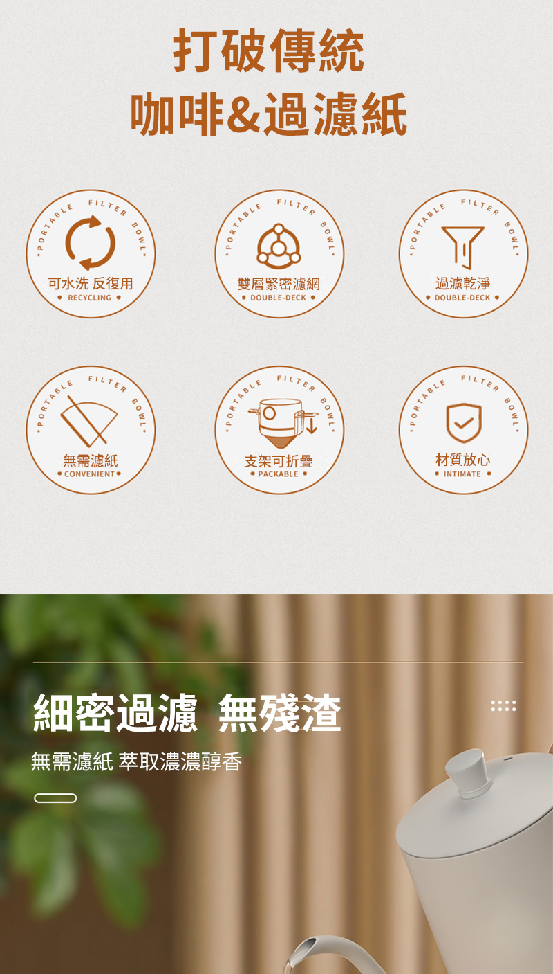 PORTABLE打破傳統咖啡&過濾紙 0PORTABLEFIPORTABLEFILTER 可水洗 反復用雙層緊密濾網過濾乾淨 RECYCLING  DOUBLE-DECK DOUBLE-DECKLTER 無需濾紙 CONVENIENTFILTER支架可折疊 PACKABLE BOWL細密過濾 無殘渣無需濾紙 萃取濃濃醇香PORTABLEFILTERTER BOWL材質放心INTIMATE