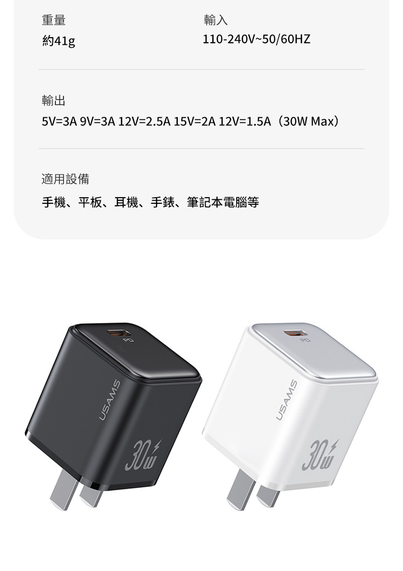 重量約41g輸入110-240V~50/60HZ輸出_5V=3A 9V=3A 12V=2.5A 15V=2A12V=1.5A ( Max)適用設備手機、平板、耳機、手錶、筆記本電腦等USAMS30USAMS30