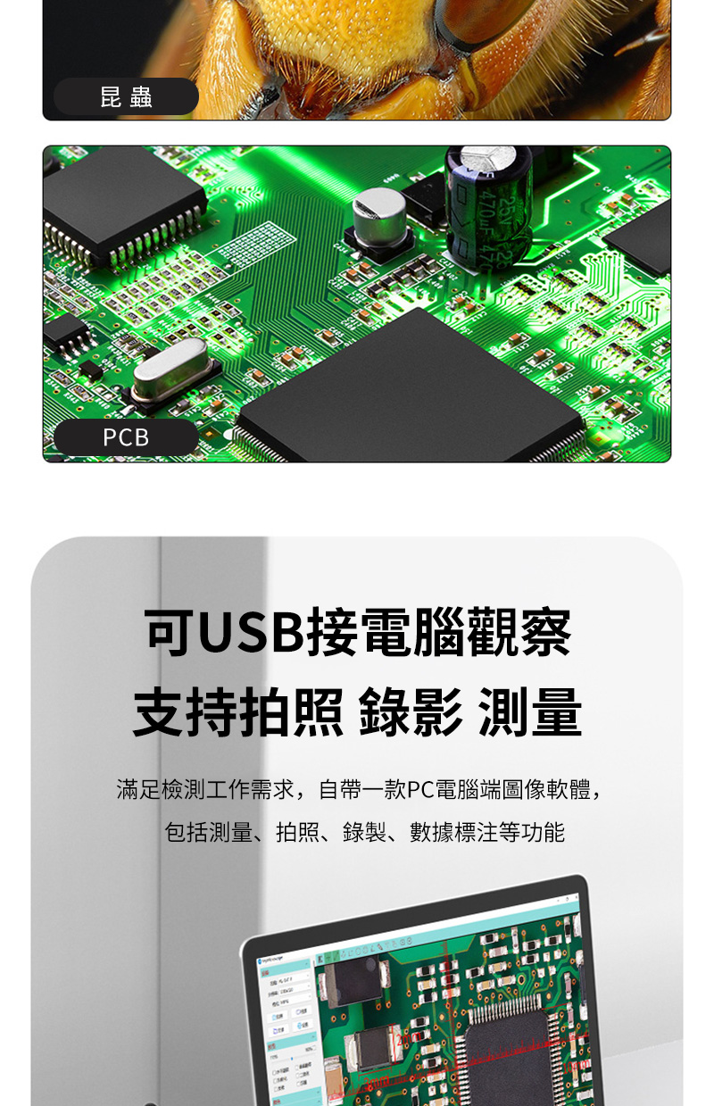 昆蟲PCB 可USB接電腦觀察支持拍照 錄影 測量滿足檢測工作需求,自帶一款PC電腦端圖像軟體,包括測量、拍照、錄製、數據標注等功能