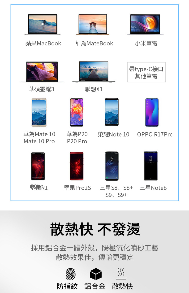 蘋果MacBook華為MateBook小米筆電type-C接口其他筆電華碩靈耀3聯想X1華為Mate 10Mate 10 Pro華為P20榮耀Note 10OPPO R17PrcP20 Pro堅果Pro2S三星S8、S8+ 三星Note8S9、S9+散熱 不發燙採用鋁合金一體外殼,陽極氧化噴砂工藝散熱效果佳,傳輸更穩定防指紋 鋁合金 散熱快