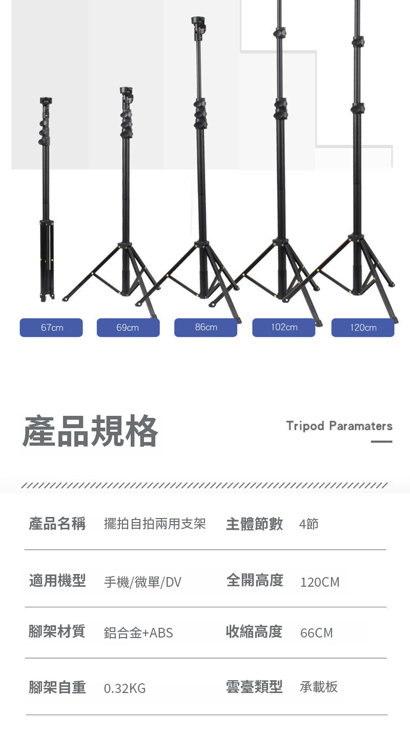 67cm69cm86cm102cm120cm產品規格Tripod Paramaters產品名稱 擺拍自拍兩用支架主體節數 4節適用機型 手機/微單/DV全開高度 120CM腳架材質 鋁合金+ABS收縮高度 66CM腳架自重0.32KG雲臺類型 承載板