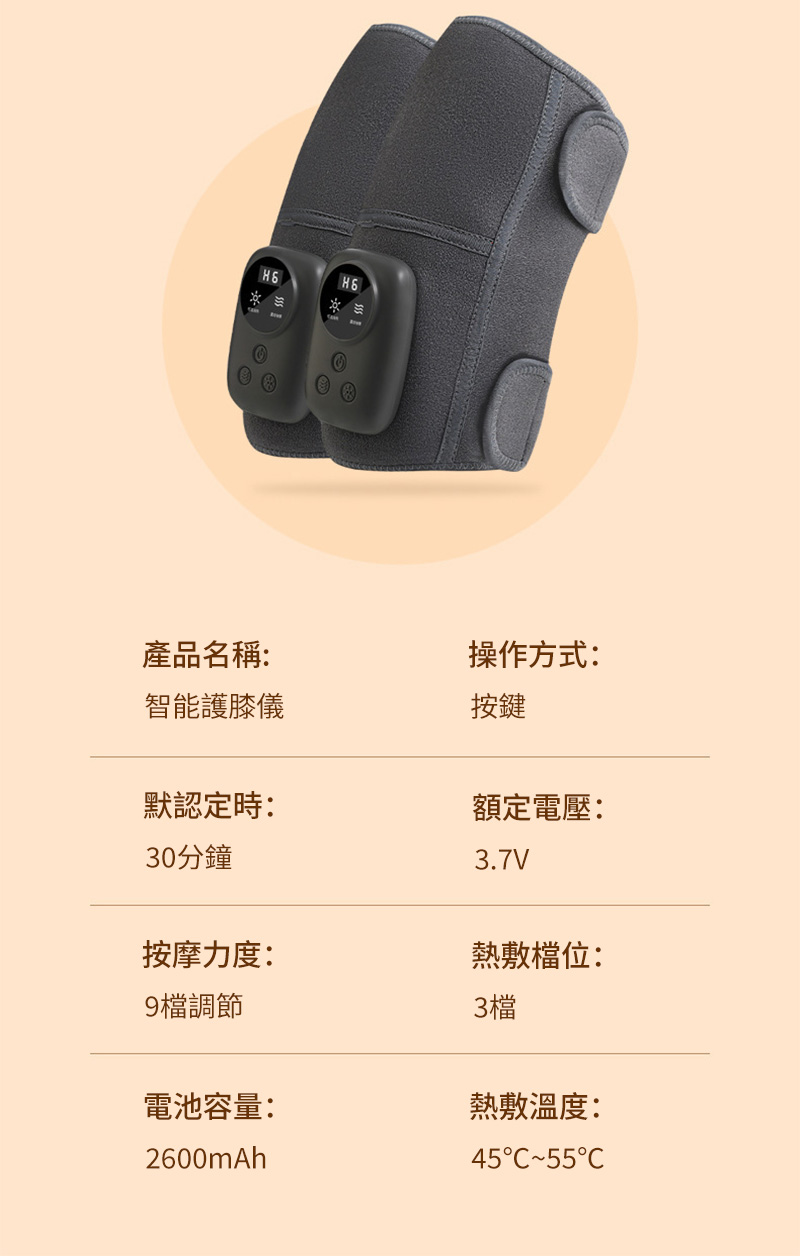 H6產品名稱:智能護膝儀操作方式:按鍵默認定時:額定電壓:30分鐘3.7V按摩力度:熱敷檔位:9檔調節電池容量:2600mAh3檔熱敷溫度:4555C