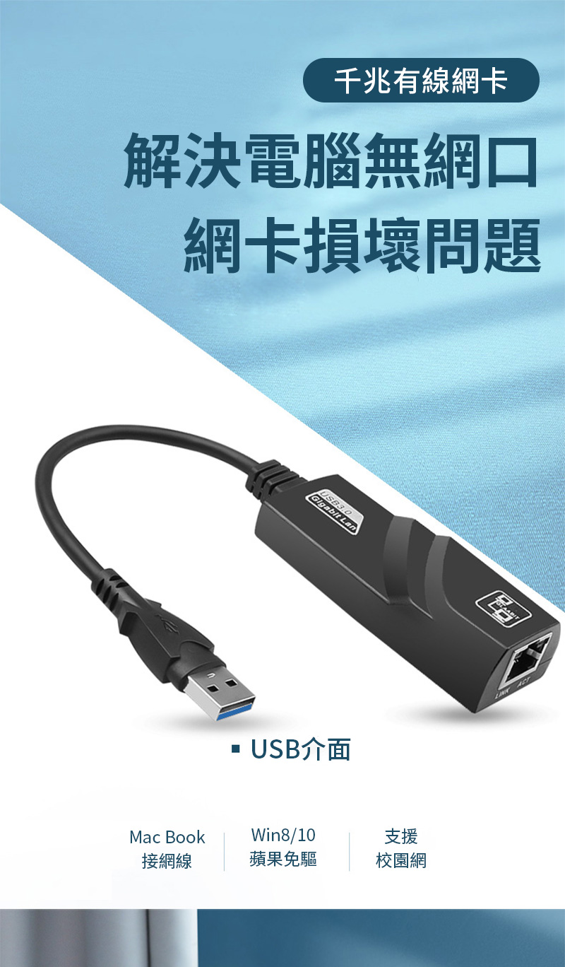 千兆有線網卡解決電腦無網口網卡損壞問題USB介面Mac BookWin8/10支援接網線蘋果免驅校園網