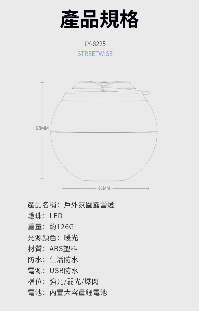 98MM產品規格LY-8225STREETWISE91MM產品名稱:戶外氛圍露營燈燈珠:LED重量:約126G光源顏色:暖光材質:ABS塑料防水:生活防水電源:USB防水檔位:強光/弱光/爆閃電池:内置大容量電池