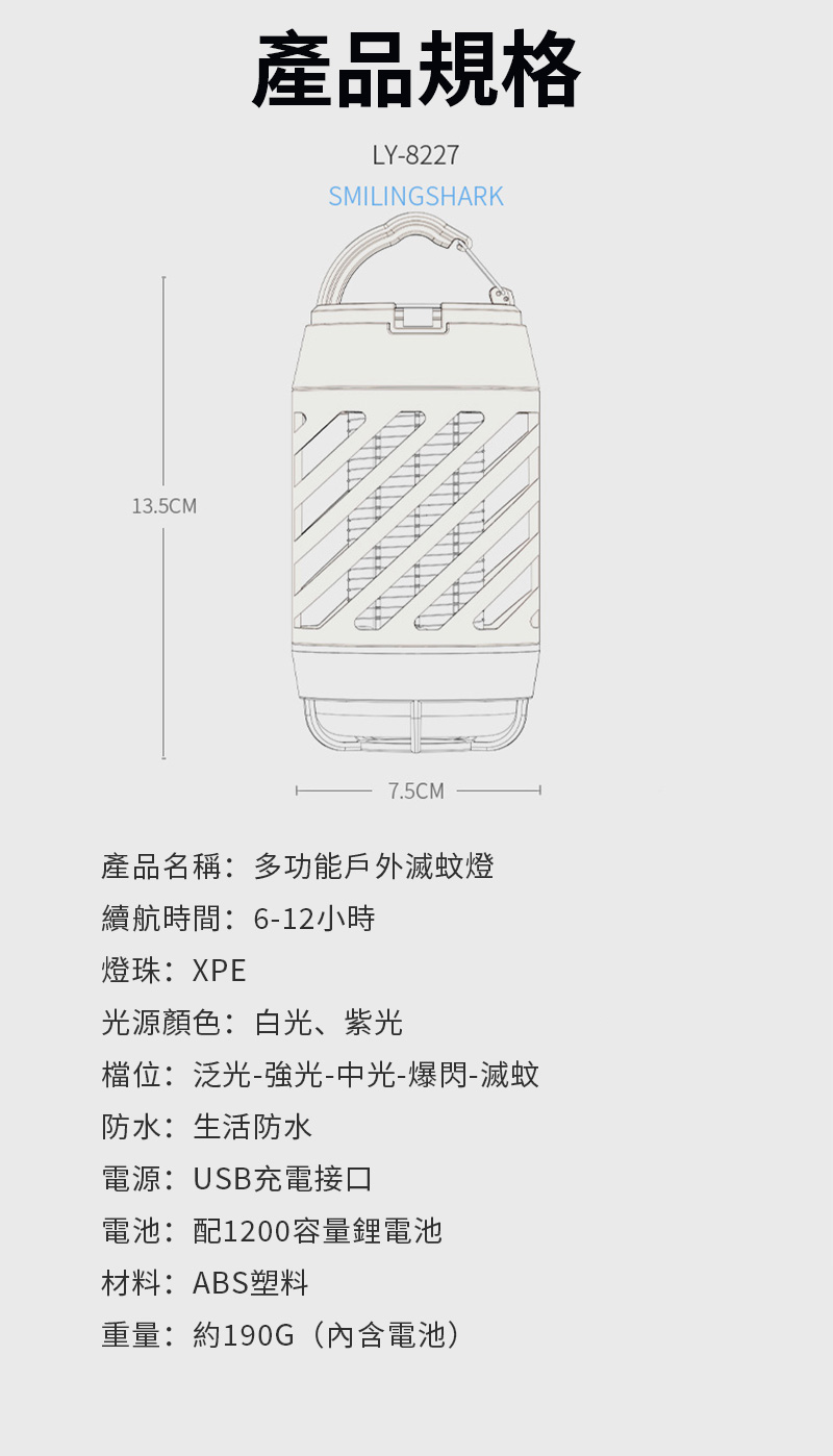 13.5CM產品規格LY-8227SMILINGSHARK7.5CM產品名稱多功能戶外滅蚊燈續航時間:6-12小時燈珠:XPE光源顏色:白光、紫光檔位:泛光-強光-中光-爆閃-滅蚊防水:生活防水電源:USB充電接口電池:配1200容量鋰電池材料:ABS塑料重量:約190G(內含電池)