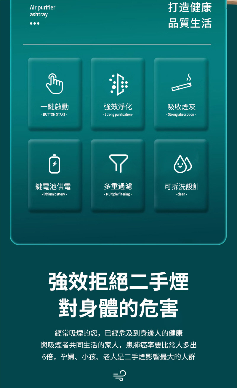 Air purifierashtray打造健康品質生活一鍵啟動強效淨化吸收煙灰 BUTTON START Strong purification -- Strong absorption -鍵電池供電多重過濾可拆洗設計- lithium battery -- Multiple filtering -- clean -強效拒絕二手煙對身體的危害經常吸煙的您,已經危及到身邊人的健康與吸煙者共同生活的家人,患肺癌率要比常人多出6倍,孕婦、小孩、老人是二手煙影響最大的人群