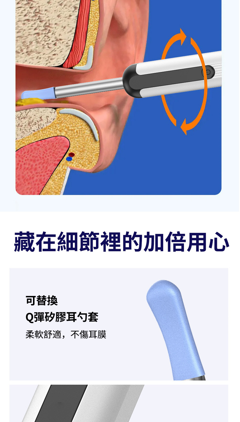 藏在細節裡的加倍用心可替換Q彈矽膠耳勺套柔軟舒適,不傷耳膜