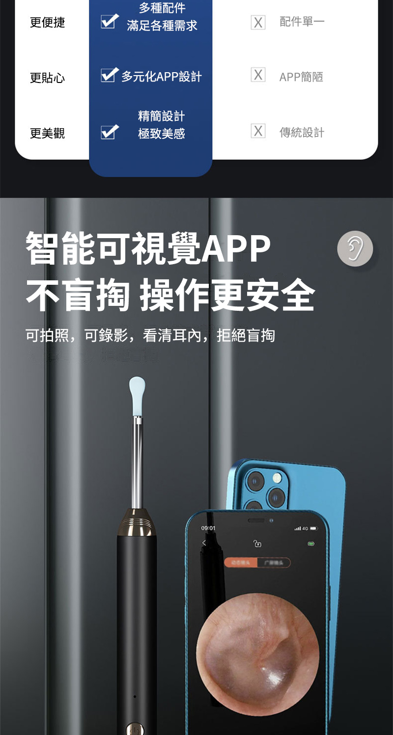 多種配件更便捷滿足各種需求 配件單一更貼心多元化APP設計 APP簡陋精簡設計更美觀極致美感X 傳統設計智能可視覺APP不掏 操作更安全可拍照,可錄影,看清耳內,拒絕盲掏09:01