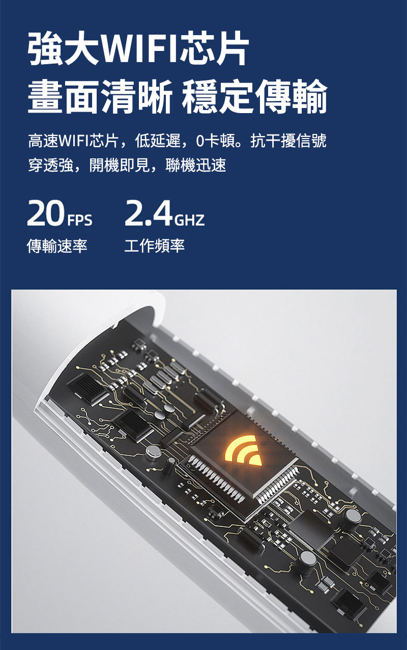 WIFI芯片畫面清晰 穩定傳輸高速WIFI芯片,低延遲,卡頓。抗干擾信號穿透強,開機即見,聯機迅速20 FPS2.4GHZ傳輸速率工作頻率