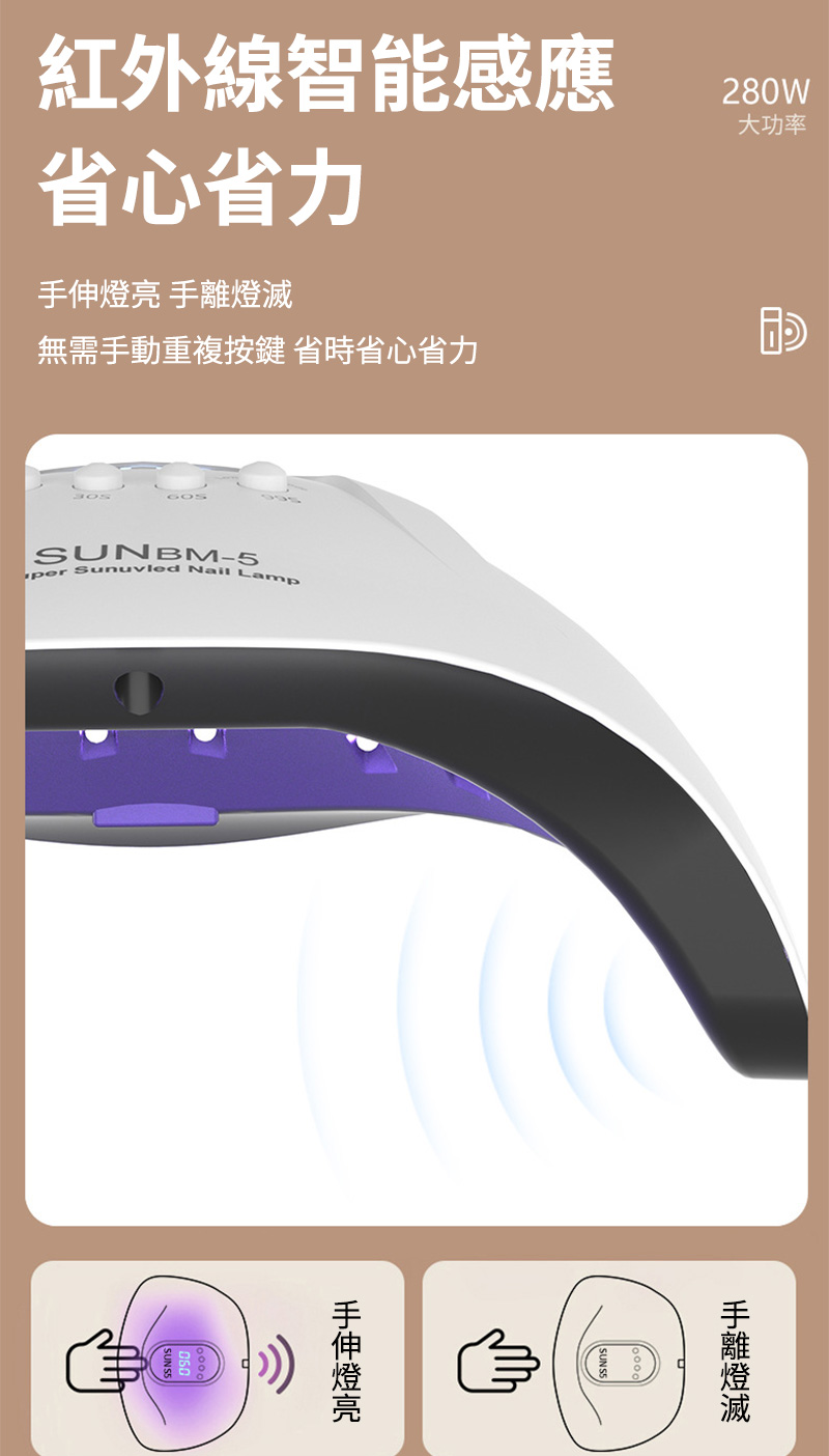 紅外線智能感應省心省力 無需手動重複按鍵 省時省心省力SUNBM-5 Sunuvled Nail Lamp280W大功率手離燈滅手伸燈亮