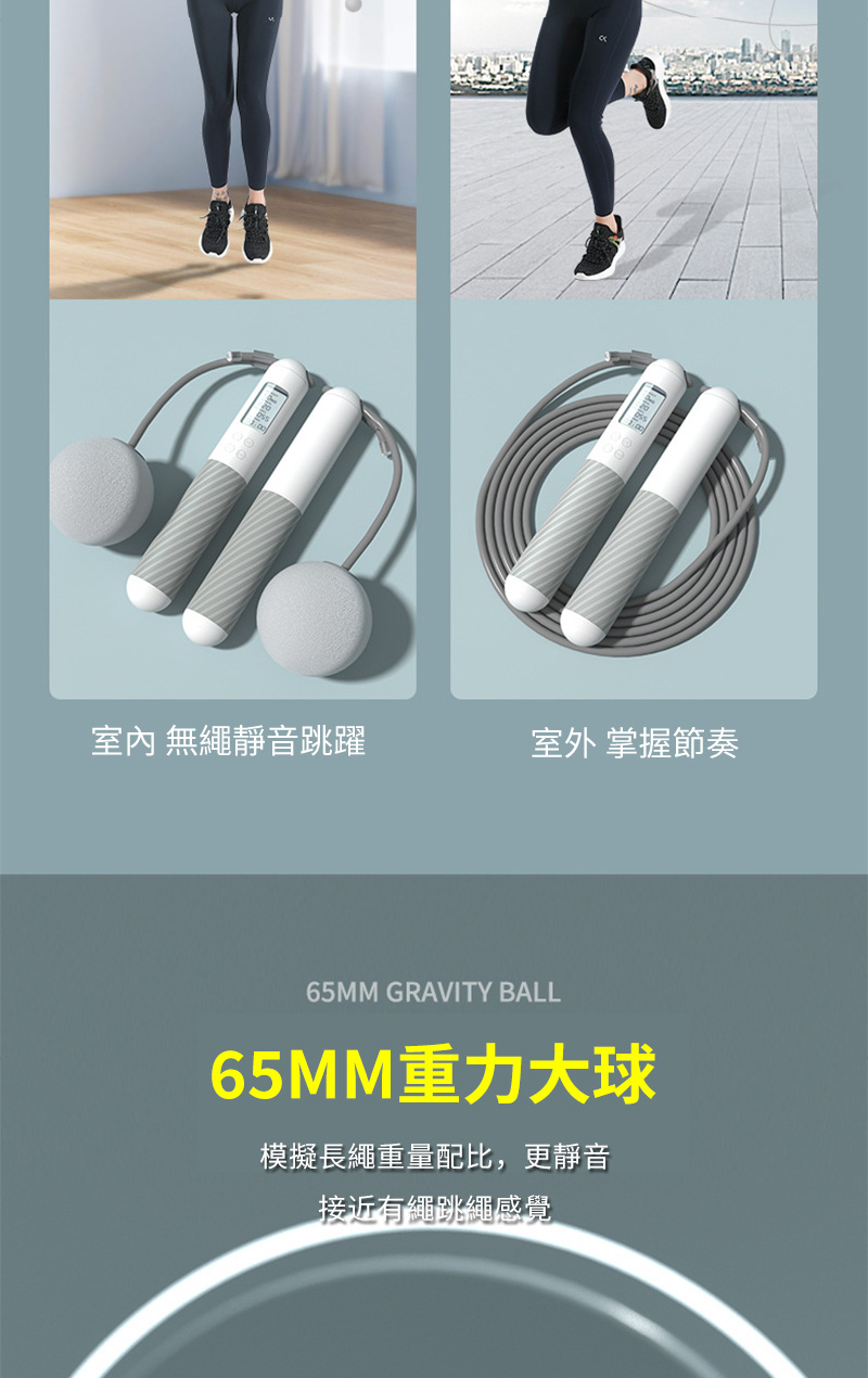 室內 無繩靜音跳躍室外 掌握節奏65MM GRAVITY BALL65MM重力大球模擬長繩重量配比,更靜音接近有繩跳繩感覺