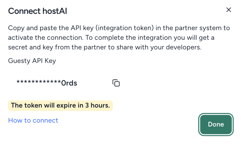 Copy the Guesty API Key from the Connect hostAI dialog