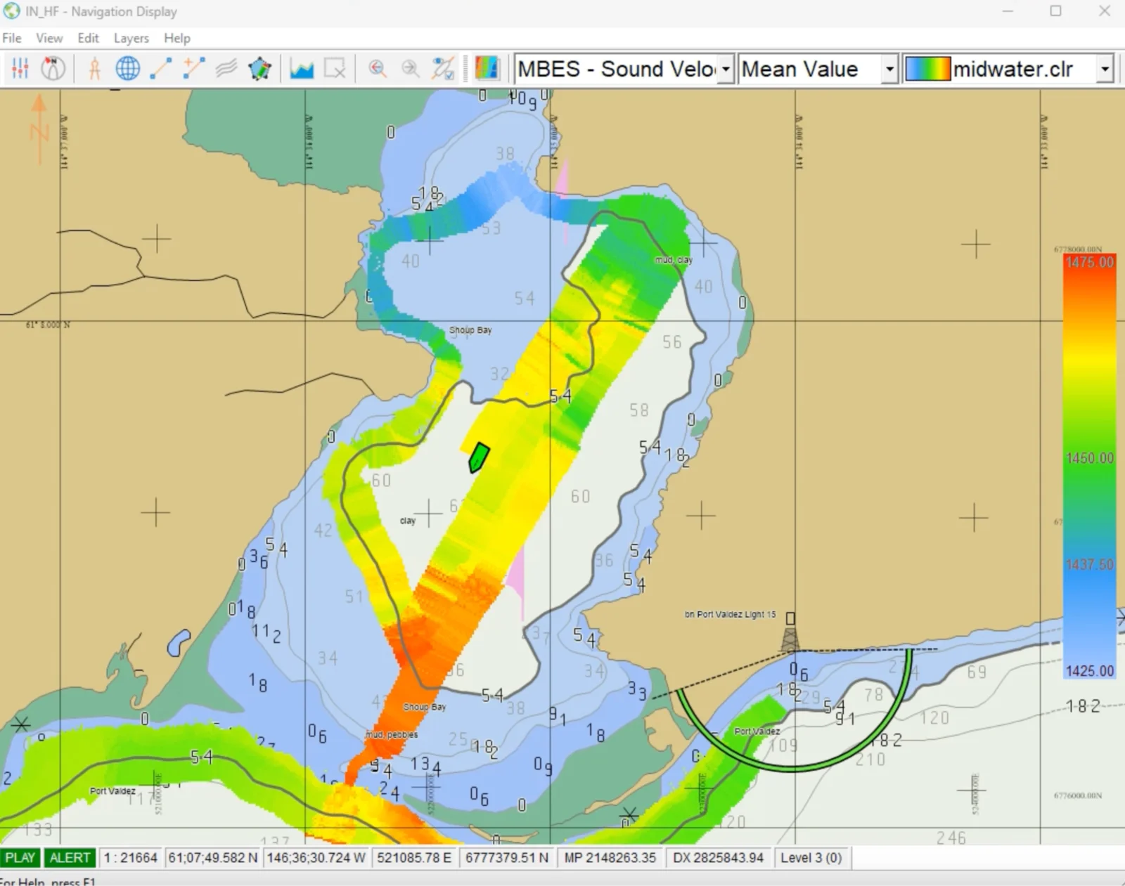 An example of a real-time map of surface sound speed, as read by the sound velocity sensor at the transducer. This map was created using QPS Qinsy 9.8.0. Maps like this provide a clear view of spatial patterns and help identify areas that may require closer attention.