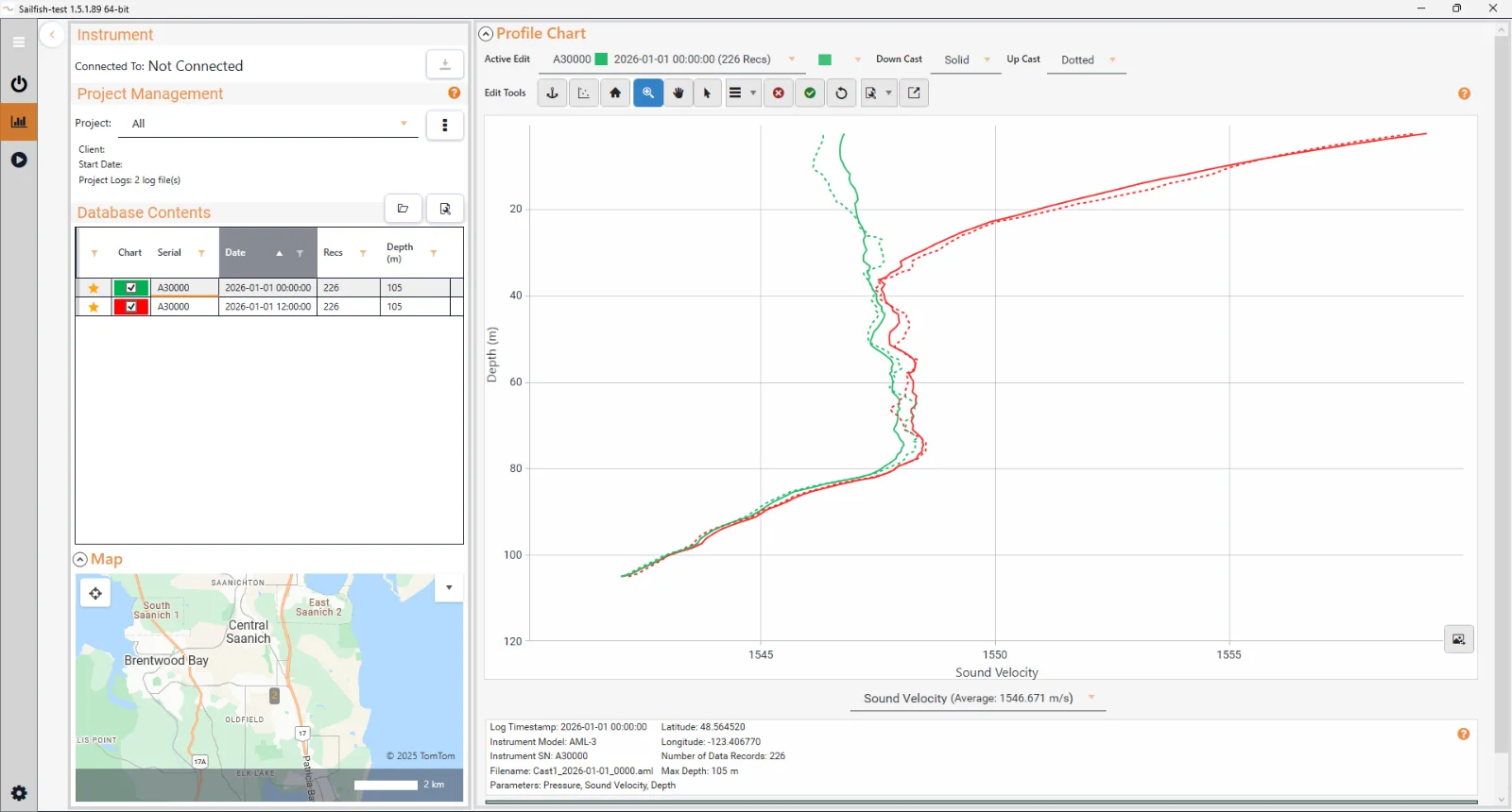 Illustrative example from Sailfish: two casts, same site, 12 hours apart. Below ~40m, the profiles match closely. Near the surface, they diverge, consistent with solar heating over the course of a day. A morning cast may not reflect afternoon conditions near the surface, even when deeper water hasn't changed.