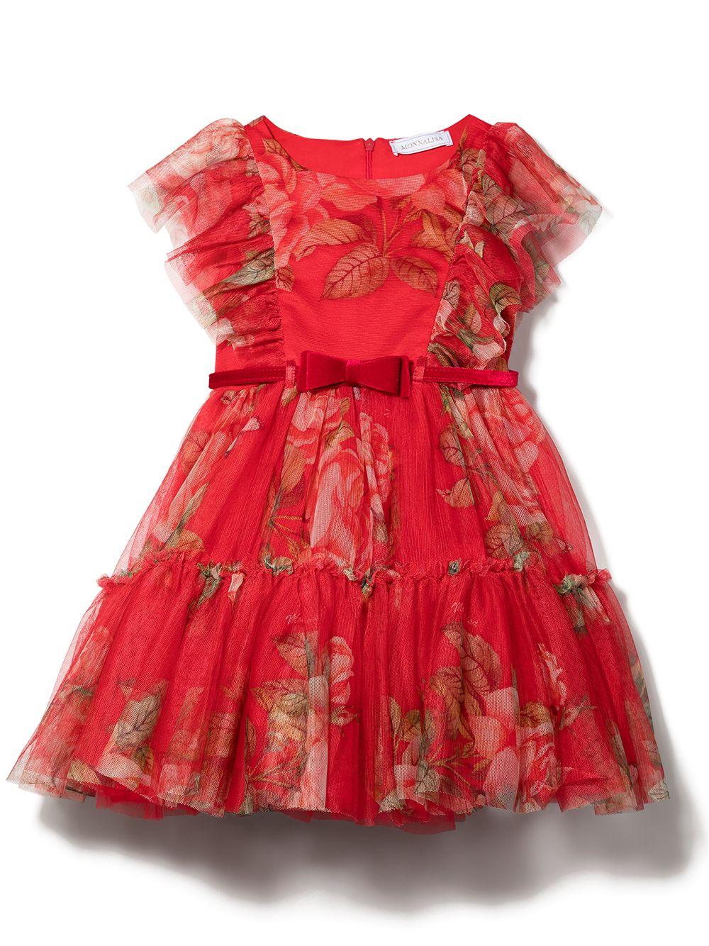 Monnalisa rose print ruffled pleated dress - Red