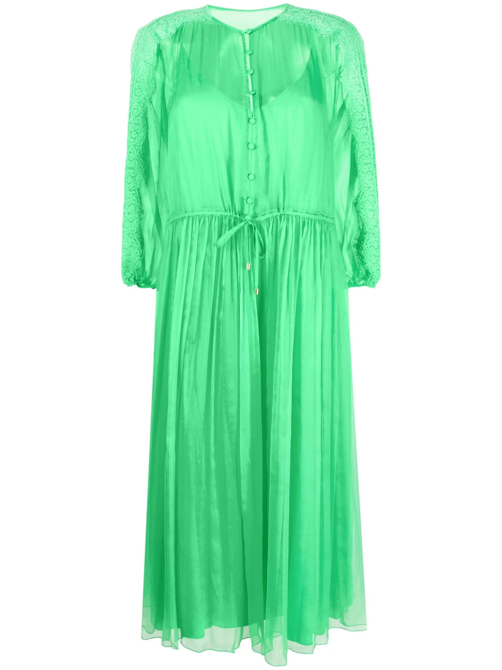 NISSA lace-trim drawstring-waist silk dress - Green