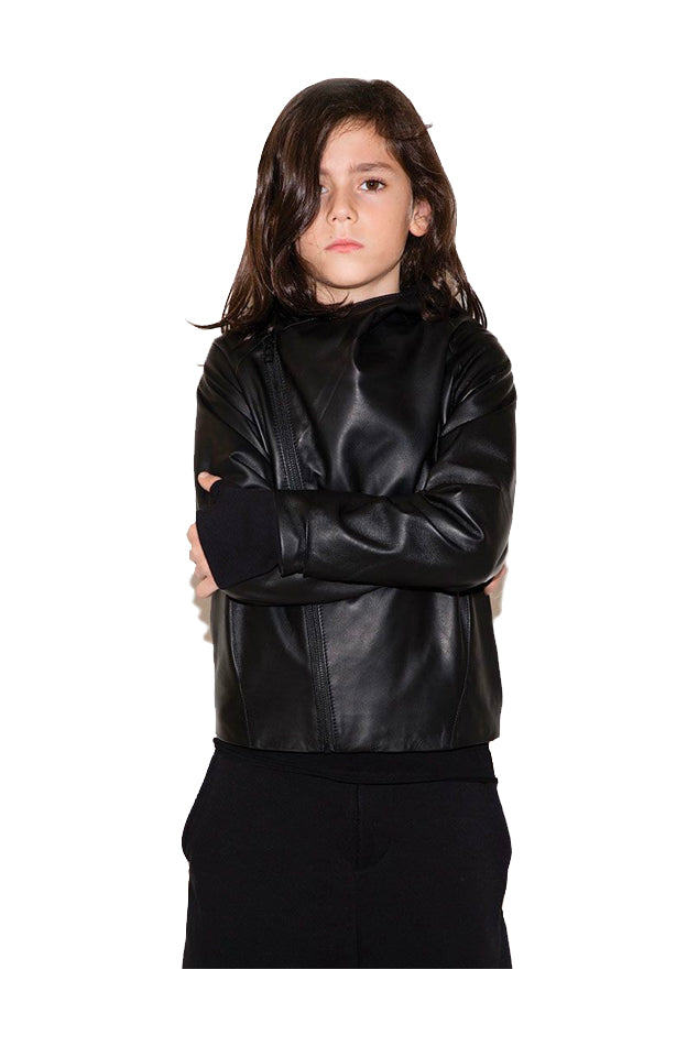 Girl's NUNUNU Hooded Leather Jacket in Black, Size 12-14Y