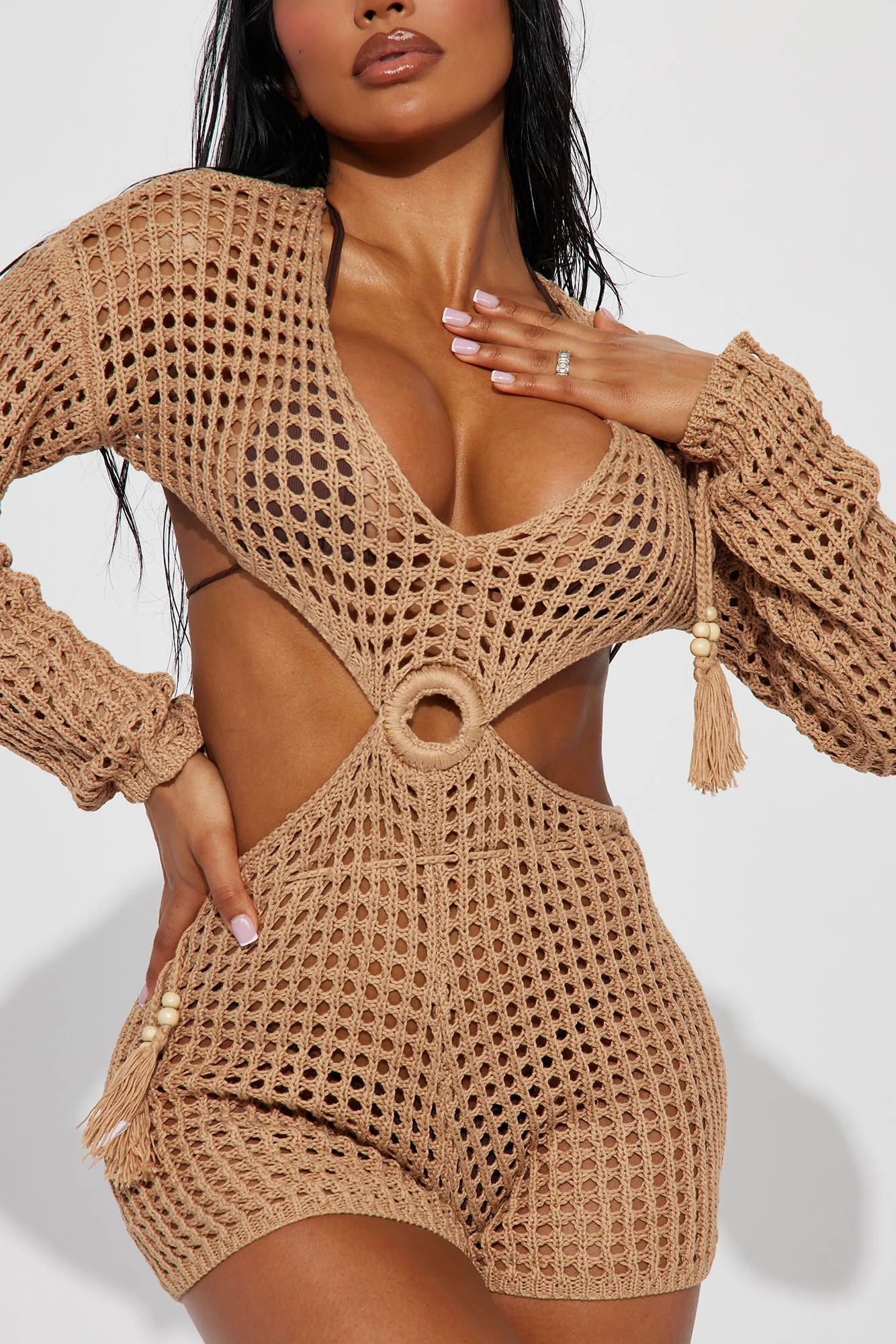 By The Cove Crochet Cover Up Romper - Mocha