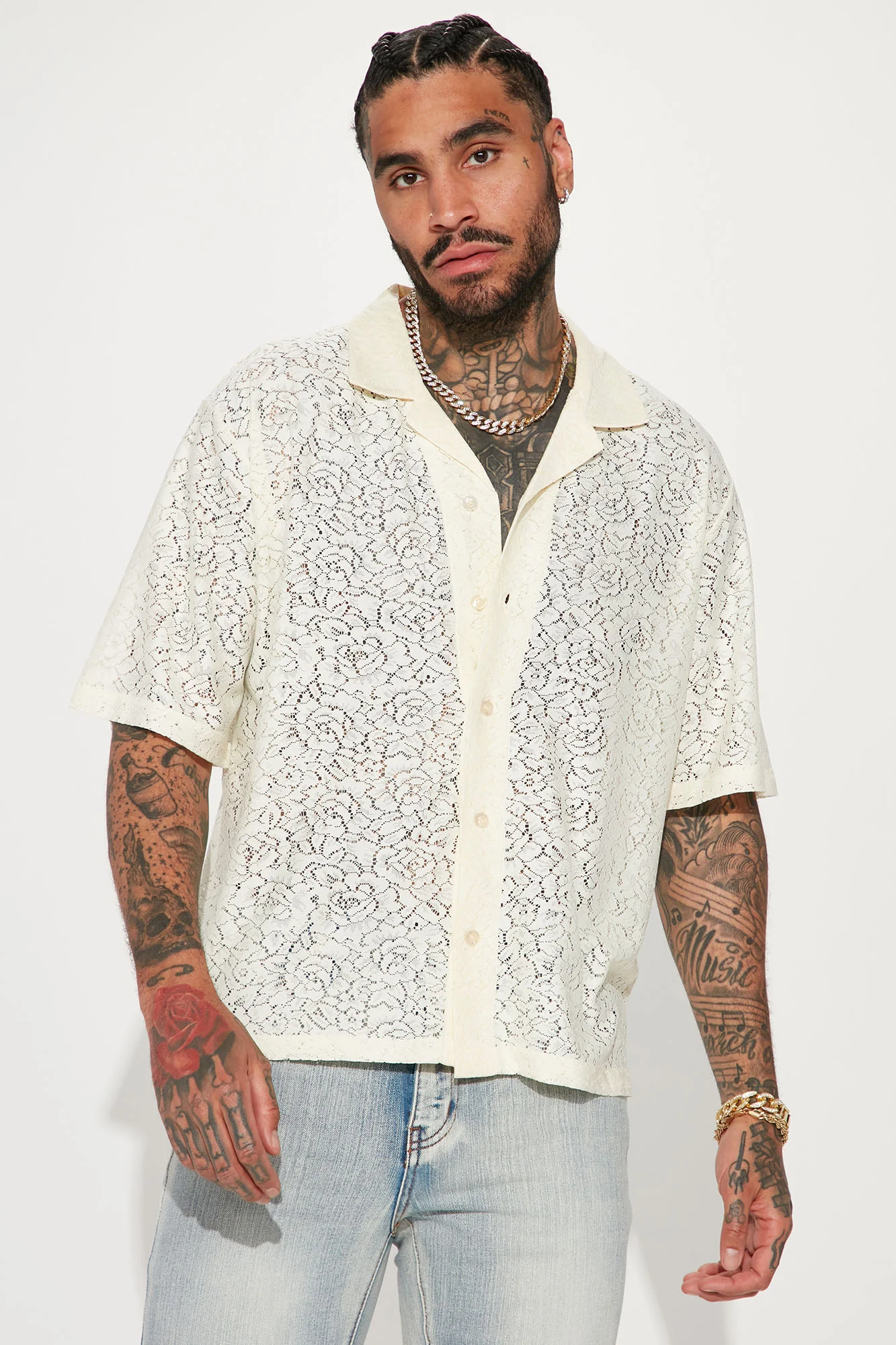 Garden OF Eden Knit Short Sleeve Cuban Shirt - Cream