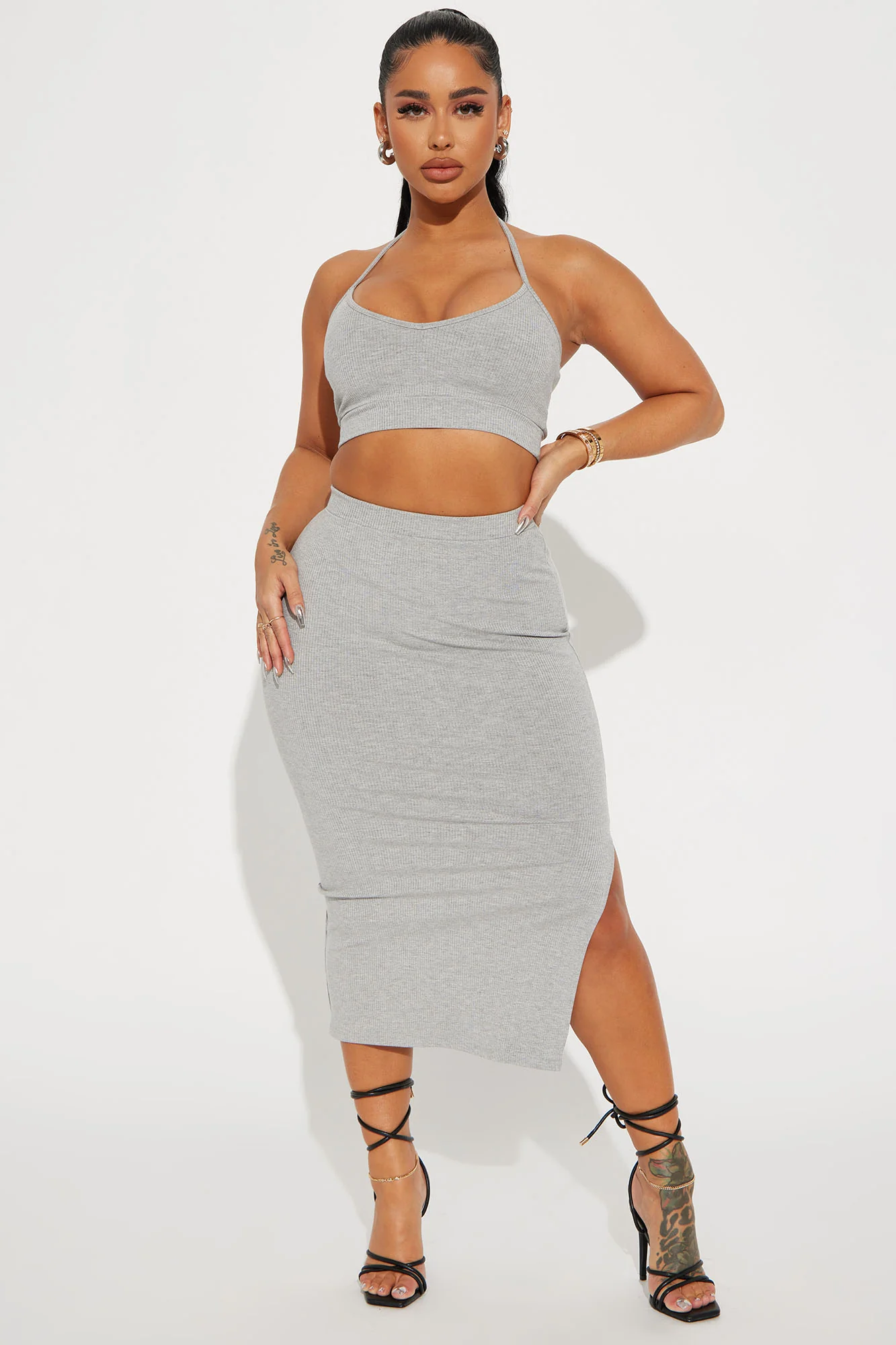 Really Obsessed Ribbed Skirt Set - Heather Grey