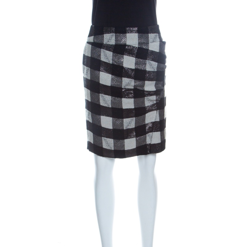 Emporio Armani Monochrome Checkered Lurex Knit  Pencil Skirt S