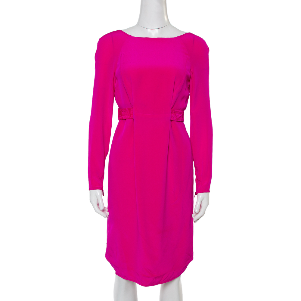 Versace Fuschia Pink Silk Belt Detail Long Sleeve Dress S