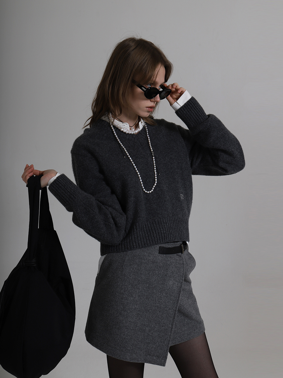 Pull Over Cropped V-neck Knit_Gray