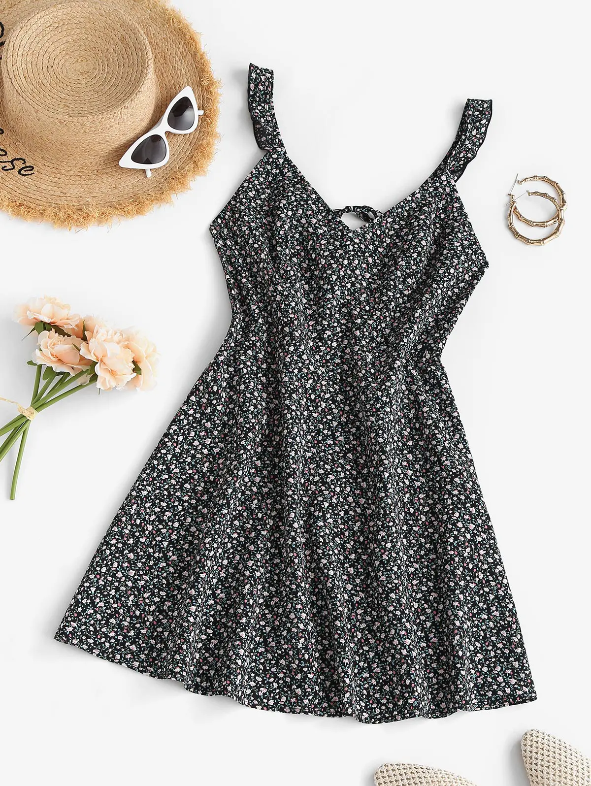 ZAFUL Ditsy Print Frilled Tie Back Sundress