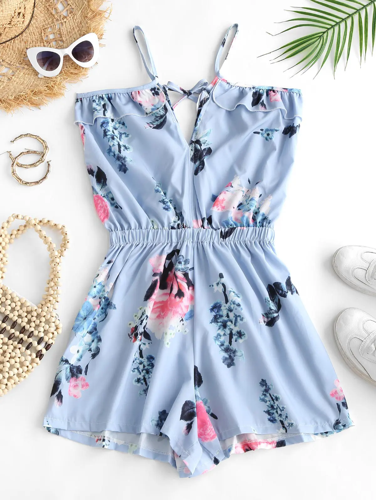 Floral Ruffle Cutout Back Cold Shoulder Romper