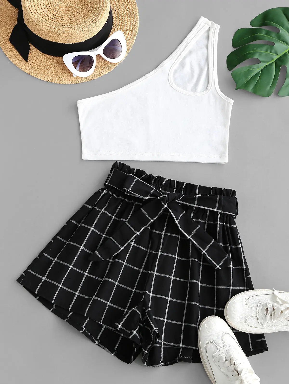 Plaid One Shoulder Cutout Paperbag Shorts Set