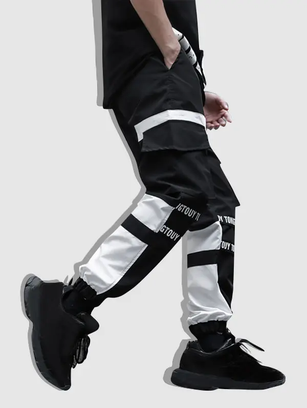 Letter Print Colorblock Drawstring Cargo Jogger Pants