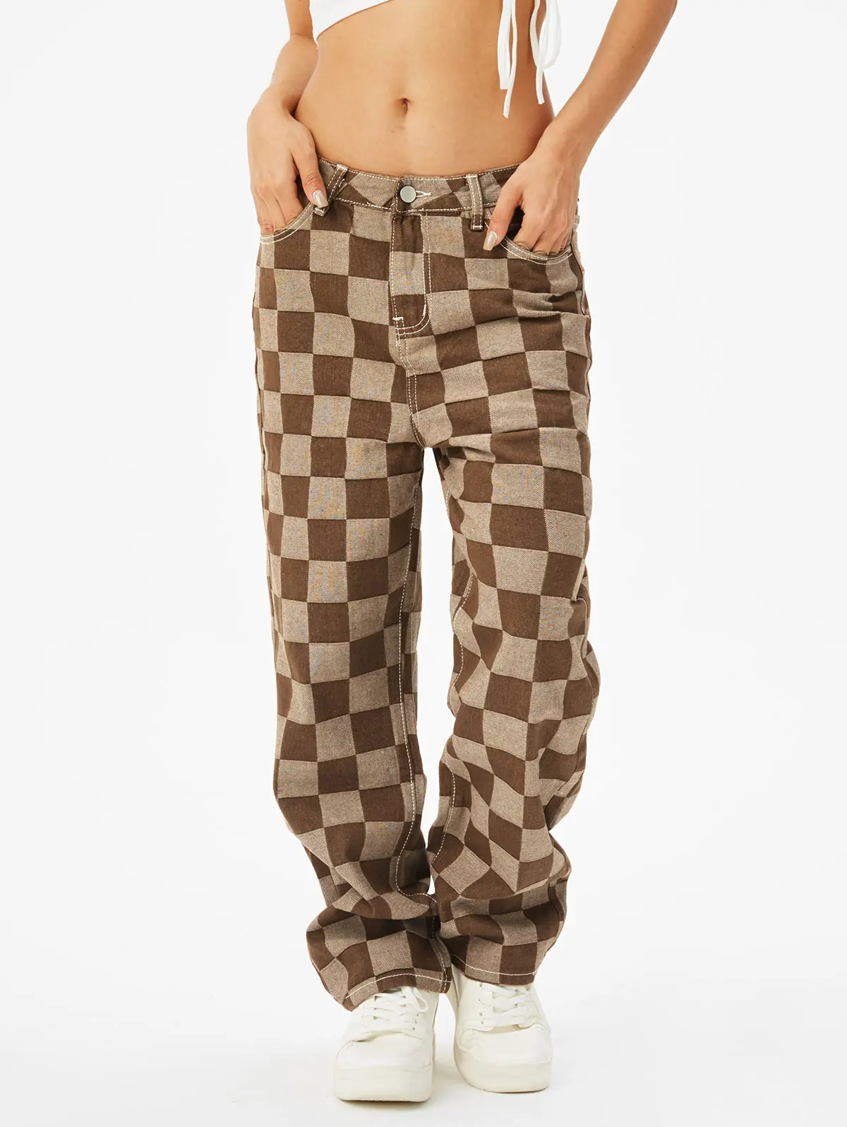 High Waisted Checkerboard Pattern Wide Leg Jeans